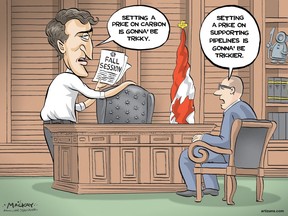 Editorial Cartoon by Graeme MacKay, The Hamilton Spectator – Tuesday September 20, 2016  Trudeau's challenge is to lead on pricing carbon and building pipelines  Canada's first commitment to reduce greenhouse gas emissions was made by Brian Mulroney in 1988, at an international conference on the "changing atmosphere" in Toronto. It was pledged then that Canada would seek a 20-per-cent reduction in its annual greenhouse gas emissions by 2005.  Two years later, that target was adjusted to merely stabilizing GHGs at 1990 levels by 2005. Still, that would have kept emissions to 613 megatonnes per year.  Instead, in 2014, the last full year for which data is available, Canada emitted a total of 732 megatonnes of greenhouse gases, a 20-per-cent increase since 2005.  If Mulroney had put Canada on a path to achieving that target of 1990, if Jean Chrétien or Paul Martin or Stephen Harper had set Canada on its way to achieving any of the targets they subsequently set, Justin Trudeau would now be heading into a merely interesting fall, the biggest issue of which would be the negotiation of new health accords with the provinces or the consideration of a new electoral system.  In November, he is due to meet the premiers to finalize a national plan on climate change, or at least the makings thereof. By Dec. 19, his cabinet must decide whether to approve the Trans Mountain pipeline proposal that would transfer oil from Alberta to the port of Vancouver.  And between those two, Trudeau gets to wrestle with questions of federalism, the national economy and the future of humanity on a warming planet.  The climate change plan seems likely to include some kind of mechanism for pricing carbon.  And while putting a price on carbon has become the focal point of debate about what to do about climate change, pipelines have, fairly or not, become a focus of attention for those who worry about the impact of GHGs on the planet.  The prime minister has, either explicitly or implicitly, committed to doing both. (Source: CBC) http://www.cbc.ca/news/politics/wherry-pipeline-carbon-1.3767916  Canada, Carbon, pricing, Justin Trudeau, pipelines, Parliament, environment, energy