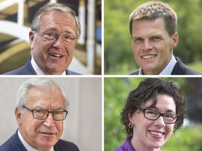 Four candidates have announced they intend to run for mayor of Saskatoon. They are, clockwise from top left, incumbent Mayor Don Atchison. veteran Coun. Charlie Clark, Kelley Moore and former mayor Henry Dayday. (Saskatoon StarPhoenix)  ORG XMIT: POS1608241359510008
