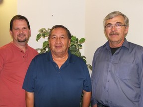 From left, Dave Wright, Norman McCallum, and Rev. Henry Janzen are on the organizing committee of Gathering of Nations, a conference focused on Aboriginal People to be held at Grace Mennonite Church, Neuanlage. Photo by Darlene Polachic