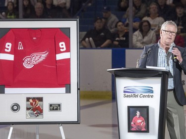 Gerry Pinder, retired NHL player, speaks as part of Thank You, Mr. Hockey Day in Saskatoon at Sasktel Centre in Saskatoon, Sunday, September 25, 2016. Howe's remains where interred at a statue of him outside of the arena earlier today.