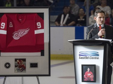 Gordie Howe's son Murray Howe speaks as part of Thank You, Mr. Hockey Day in Saskatoon at Sasktel Centre in Saskatoon, Sunday, September 25, 2016. Howe's remains where interred at a statue of him outside of the arena earlier today.
