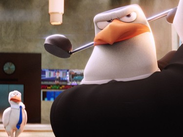 Junior voiced by Andy Samberg (L) and Hunter voiced by Kelsey Grammer in "Storks."