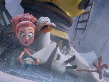 Tulip voiced by Katie Crown (L) and Junior voiced by Andy Samberg in "Storks."