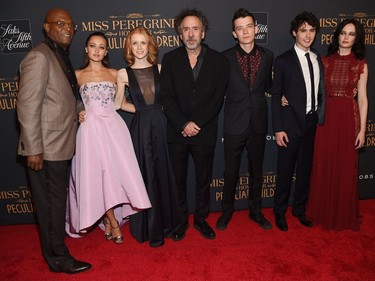 L-R: Samuel L. Jackson, Ella Purnell, Lauren McCrostie, Tim Burton, Asa Butterfield, Finlay MacMillan and Eva Green attend the "Miss Peregrine's Home For Peculiar Children" premiere at Saks Fifth Avenue on September 26, 2016 in New York City.