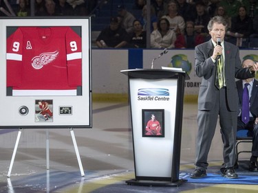 Morris Lukowich, a retired NHL player, speaks as part of Thank You, Mr. Hockey Day in Saskatoon at Sasktel Centre in Saskatoon, Sunday, September 25, 2016. Howe's remains where interred at a statue of him outside of the arena earlier today.
