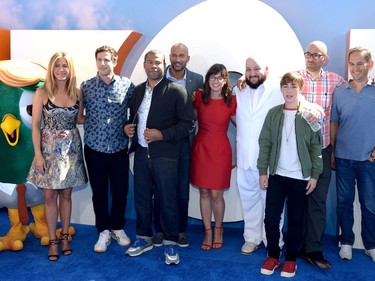 L-R: Actors Jennifer Aniston, Andy Samberg, Jordan Peele, Keegan-Michael Key, Katie Crown, Stephen Kramer Glickman, Anton Starkman, director Doug Sweetland, and Warner Bros. Pictures President, Creative Development and Worldwide Production, Greg Silverman arrive at the premiere of Warner Bros. Pictures' "Storks" at Regency Village Theatre on September 17, 2016 in Westwood, California.