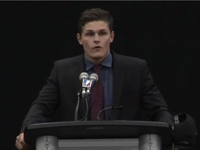 Ryan Keenan picked first overall in the 2016 NLL Entry Draft Monday, September 26, 2016. Keenan is the son of head coach and general manager Derek Keenan. (Youtube Screengrab  /NLL / Saskatoon StarPhoenix)