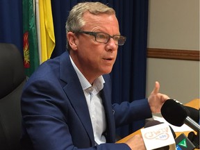 Premier Brad Wall hopes to gain jobs from possible PotashCorp and Agrium merger.
peaks to reporters on August 19, 2016.