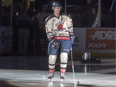 Saskatoon Blades defencemen Jantzen Leslie is introduced, wearing a commemorative Gordie Howe jersey as part of Thank You, Mr. Hockey Day in Saskatoon at SaskTel Centre, September 25, 2016. Howe's remains were interred at a statue of him outside of the arena earlier today.