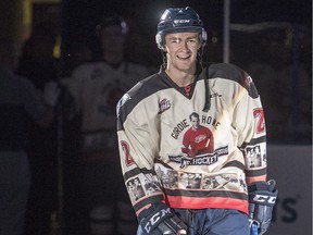 Saskatoon Blades defencemen Jantzen Leslie is introduced, wearing a commemorative Gordie Howe jersey as part of Thank You, Mr. Hockey Day in Saskatoon at Sasktel Centre in Saskatoon, Sunday, September 25, 2016. Howe's remains where interred at a statue of him outside of the arena earlier today.