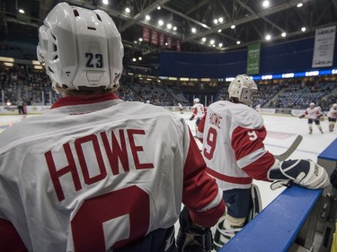 Saskatoon Blades players leave the ice following their warm up where they wore Detroit Red Wing Gordie Howe jersey as part of Thank You, Mr. Hockey Day in Saskatoon at Sasktel Centre in Saskatoon, Sunday, September 25, 2016. Howe's remains where interred at a statue of him outside of the arena earlier today.