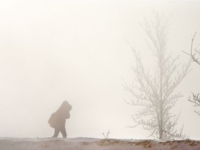 Fog off of the river along Spadina Cres. just out from under the University Bridge for a lone walker on this very cold day in Saskatoon, February 26, 2015 in Saskatoon. (GordWaldner/TheStarPhoenix)