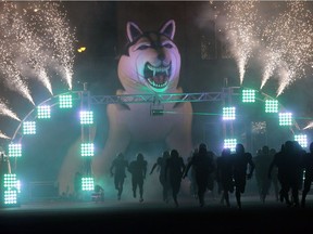 SASKATOON, SASK. OCT. 16, 2015-University of Saskatchewan Huskies head onto Griffiths Field for their game against the Calgary Dinos on October 16, 2015 in Saskatoon. {RICHARD MARJAN/The StarPhoenix}