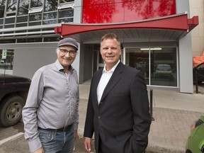 Architect Heney Klypak, left and owner Gordon Doell under the bow tie canopy that was discovered during the renovation of  the Obasa Building on 21 St. E. in downtown Saskatoon, September 1, 2016.