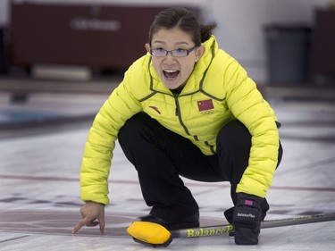 Skip Bingyu Wang leading her team in the championship game at the World Curling Tour's Colonial Square Ladies Curling Classic, September 19, 2016.