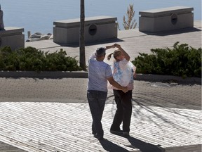 Cathy Aubichon and Bill Demontigny were outside on the stage at River Landing practicing the dance, the couple are getting married in 2 weeks, September 26, 2016.