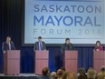 L-R: Don Atchison, Charlie Clark, Devon Hein and Kelley Moore speaking at the mayoral forum at Prairieland Centre, September 28, 2016.