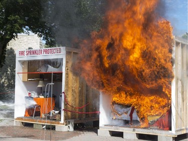 At the University of Saskatchewan and with the help of the Saskatoon fire department, a fire safety simulation Dorm Burn was part of U of S Welcome Week activities, September 6, 2016 The dorm on the left has fire sprinklers and the one on the right does not.