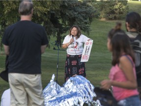 First Nations protester and spokesperson Yvonne Tupper and others from Treaty Eight Territory in British Columbia's Peace River area are travelling across Canada in a caravan to protest the construction of a hydro dam on their traditional territory, Sept. 6, 2016.