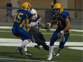 Logan Fischer  runs the ball during the game against the Regina Thunder at SMF Field in Saskatoon, Saskatchewan on Saturday, September 10th, 2016.