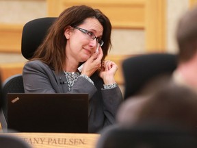 SASKATOON, SK - September 19, 2016 - Councillor Tiffany Paulsen has an emotional farewell during her last city council meeting in Saskatoon on September 19, 2016 . (Michelle Berg / The StarPhoenix)