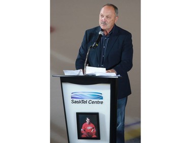 Brian Trottier speaks during the pre-game ceremony at SaskTel Centre during Thank You, Mr. Hockey Day in Saskatoon on September 25, 2016.