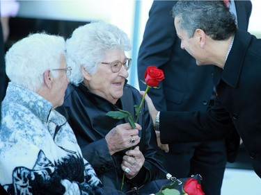 SASKATOON, SK - September 25, 2016 - Gordie Howe's sisters Helen Cummine and Viola Watson meet Steve Hogle before Gordie and his wife Colleen are interred at Howe's statue at SaskTel Centre on September 25, 2016. (Michelle Berg / The StarPhoenix)