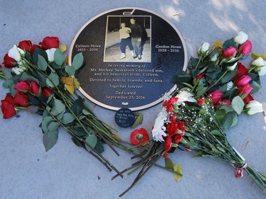 Kelly Broad, a Gordie Howe fan, placed a hockey puck at Gordie Howe's statue outside of SaskTel Centre so that he may play hockey in heaven on September 25, 2016.