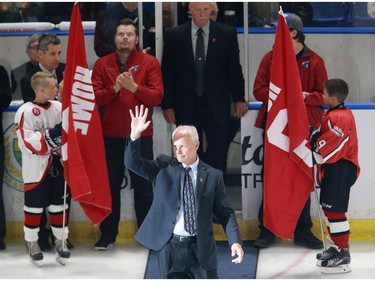 Mark Howe waves to the crowd during the pre-game ceremony at SaskTel Centre during Thank You, Mr. Hockey Day in Saskatoon on September 25, 2016.