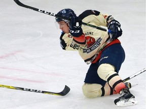 Saskatoon Blades' Mason McCarty shoots the puck during first period action against the Swift Current Broncos in Saskatoon on September 25, 2016.