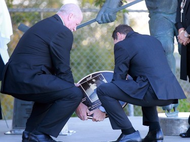 Sixty-one members of Gordie Howe's family made the trip to Saskatoon this weekend to bear witness as the ashes of Gordie and his wife Colleen are interred at Howe's statue at SaskTel Centre on September 25, 2016.