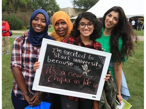 (l to r) Zamzam Omar, Fatuma Khalif, Ayesha Qayoom and Sarah Hirani participate in orientation activities at the University of Saskatchewan for all new students entering the colleges of Agriculture and Bioresources, Arts and Science, Education, Edwards School of Business, Engineering, Kinesiology, St. Thomas More College, Graduate Studies and Research in the Bowl, Friday, September 02, 2016.