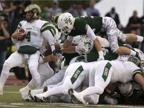 Bowan Lewis of the U of S Huskies tries to climb the pack to get at quarterback Noah Picton  of the Regina Rams  in CIS University football action at Griffiths Stadium in Saskatoon, Sept. 2, 2016.