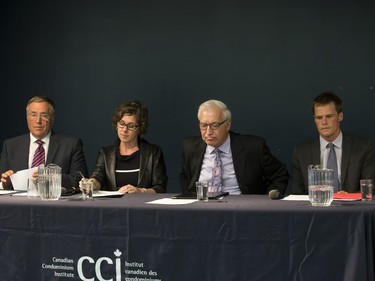 L-R: Mayoral candidates Don Atchison, Kelley Moore, Henry Dayday and Charlie Clark during a town hall meeting at Cathedral of the Holy Family hosted by Canadian Condominium Institute North Saskatchewan Branch, September 14, 2016.