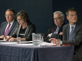 SASKATOON,SK-- September 14/2016   0915 news mayor candidates --- Mayoralty candidates (l to r) Don Atchison, Kelley Moore, Henry Dayday and Charlie Clark, during a town hall meeting at Cathedral of the Holy Family hosted by Canadian Condominium Institute North Saskatchewan Branch, Wednesday, September 14, 2016.  (GREG PENDER/STAR PHOENIX)