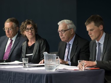 L-R: Mayoral candidates Don Atchison, Kelley Moore, Henry Dayday and Charlie Clark during a town hall meeting at Cathedral of the Holy Family hosted by Canadian Condominium Institute North Saskatchewan Branch, September 14, 2016.