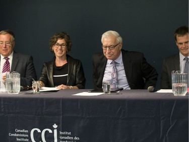 L-R: Mayoral candidates Don Atchison, Kelley Moore, Henry Dayday and Charlie Clark during a town hall meeting at Cathedral of the Holy Family hosted by Canadian Condominium Institute North Saskatchewan Branch, September 14, 2016.