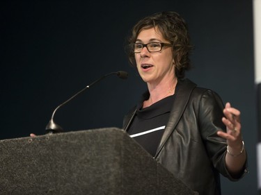 Mayoral candidate Kelley Moore during a town hall meeting at Cathedral of the Holy Family hosted by Canadian Condominium Institute North Saskatchewan Branch, September 14, 2016.