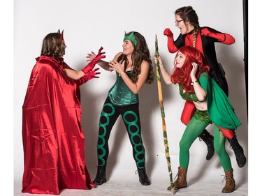 L-R: Hannah Giu as Scarlet Witch, Chelsea Vanthuyne as The Enchantress, Jilin Oden as Deadpool and Amber Reynolds as Poison Ivy pose for a photograph during the Saskatoon Comic and Entertainment Expo at Prairieland Park in Saskatoon, September 17, 2016.