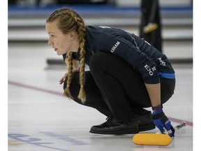 Team Hasselborg takes on Team Muirhead during the Colonial Square Ladies Curling Classic at Nutana Curling Club in Saskatoon on Sept. 17, 2016.