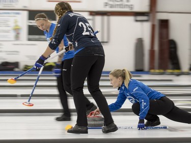 Team Hasseborg takes on Team Muirhead during the Colonial Square Ladies Curling Classic at Nutana Curling Club in Saskatoon, September 17, 2016.