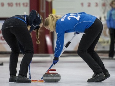 Team Hasseborg takes on Team Muirhead during the Colonial Square Ladies Curling Classic at Nutana Curling Club in Saskatoon, September 17, 2016.