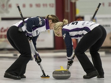 Team Hasseborg takes on Team Muirhead during the Colonial Square Ladies Curling Classic at Nutana Curling Club in Saskatoon, September 17, 2016.