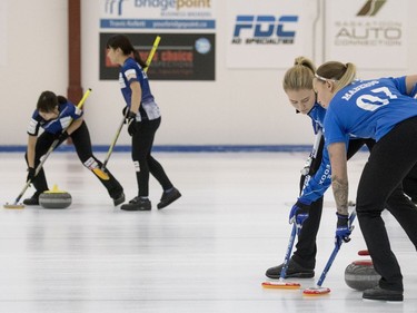 Team Hasseborg takes on Team Muirhead during the Colonial Square Ladies Curling Classic at Nutana Curling Club in Saskatoon, September 17, 2016.