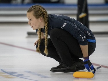 Team Hasseborg takes on Team Muirhead during the Colonial Square Ladies Curling Classic at Nutana Curling Club in Saskatoon, September 17, 2016.