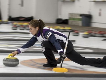 Team Hasseborg takes on Team Muirhead during the Colonial Square Ladies Curling Classic at Nutana Curling Club in Saskatoon, September 17, 2016.