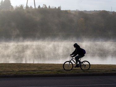 Fog rises from the South Saskatchewan River on a cool morning, September 21, 2016.