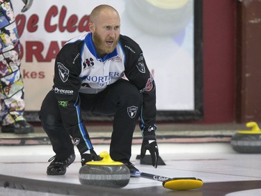 Skip Brad Jacobs in action during the championship final in the World Curling Tour's College Clean Restoration Curling Classic at the Nutana Curling Club, September 26, 2016.