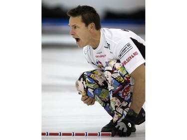 Skip Thomas Uslrud in action during the championship final in the World Curling Tour's College Clean Restoration Curling Classic at the Nutana Curling Club, September 26, 2016.