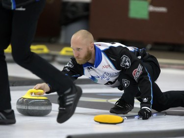 Skip Brad Jacobs in action during the championship final in the World Curling Tour's College Clean Restoration Curling Classic at the Nutana Curling Club, September 26, 2016.